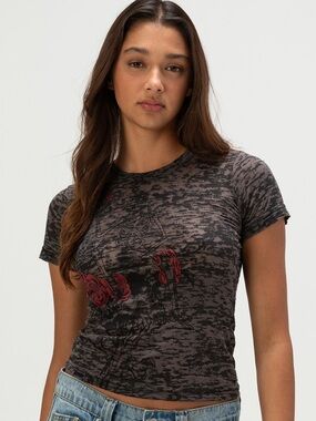 AFFLICTION Womens Burnout Short Sleeve Tee X-Large Black Gray Roses Skeleton New